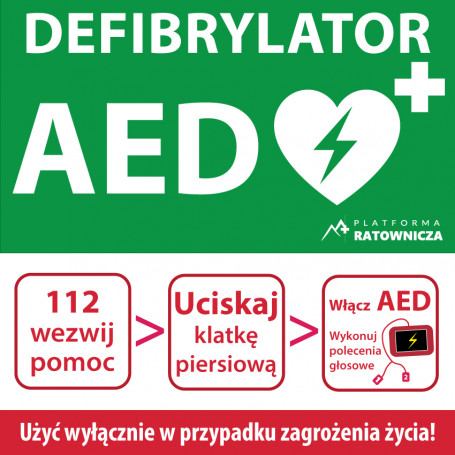 Tablica informacyjna AED, instrukcja podstawowa | Platforma Ratownicza